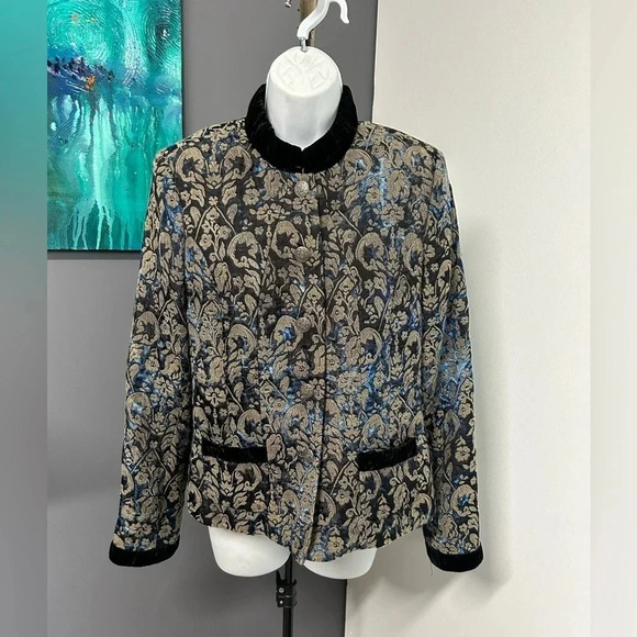 Women’s Size 6 Blue‎ MetallicTapestry Button Blazer Velvet Trim Old Money Regal - Picture 1 of 16